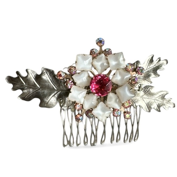 Bridal Floral Hair Comb Wedding White Silver Leaves Wedding Statement Accessory